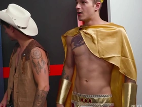 A steamy encounter between a muscular cowboy and a sexy, well-endowed jock