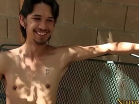 Inked Asian man reaches climax