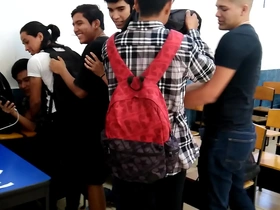 Young Asian student gets gangbanged by Latin hunks in public school