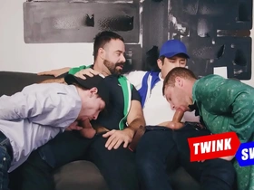 Young gay stepsons come together for taboo bareback anal sex
