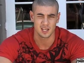 Young gay hunk enjoys outdoor massage and handjob from another guy